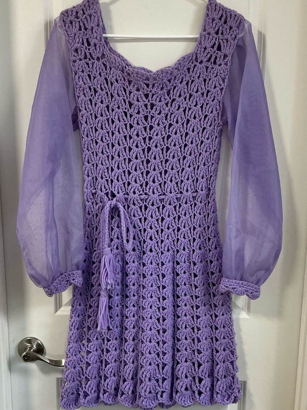 Vintage 1970s Lavender Crochet Mini Dress with Sheer Chiffon Bishop Sleeves XS/S